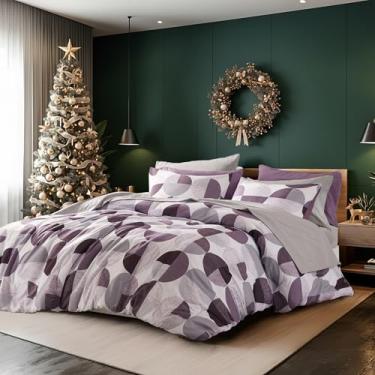 Imagem de Conjunto de edredom elegante com estampa de três tons, conjunto de cama em um saco, 9 peças, edredom e lençol de microfibra ultramacia, quente e aconchegante para todas as estações, roxo ameixa e