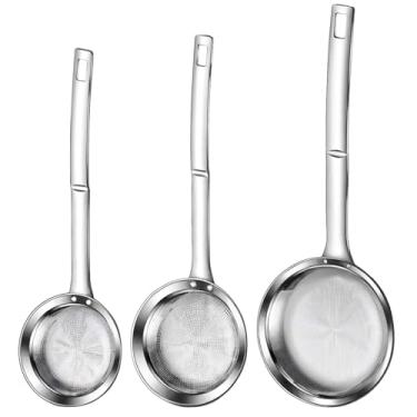Imagem de Conjunto de filtro de malha de 3 peças, utensílios de cozinha de aço inoxidável para separação de óleo e espuma, cabo longo para uso em panela quente