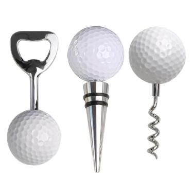Imagem de Bola de golfe, um abridor de garrafa de vinho e duas rolhas - 3 peças de liga de zinco acessórios de vinho - presente design ideal bola de golfe elegante para entusiastas de golfe