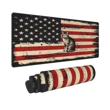 Imagem de CANFLASHION Tapete de mouse com bandeira americana, tapete de mesa de escritório 80 x 28 cm, mouse pad grande para jogos com design de gato, GG estendido à prova d'água para computador com base de
