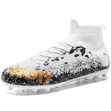 Imagem de TUGONVAC Chuteiras de futebol unissex para adultos, cano alto, para treinamento, futsal juvenil, Branco/Preto/Ouro, 4.5 Women/3 Men