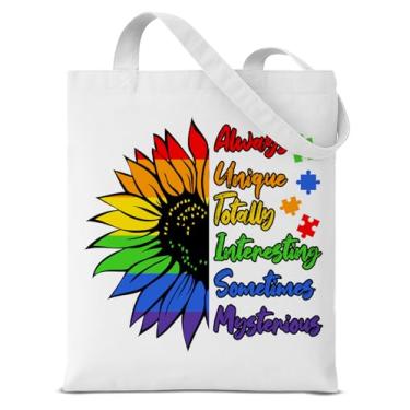 Imagem de QYCFDXD Sacola de lona de lona para professoras de girassol arco-íris para conscientização do autismo, reutilizável, para trabalho, compras, viagens