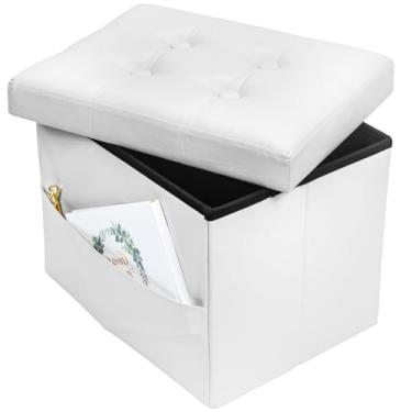 Imagem de Bsketa Banco de descanso para os pés otomano de armazenamento, pequeno banco de couro para otomanos, banquinho dobrável com bolsos laterais, descanso para os pés sob a mesa para sala de estar, quarto