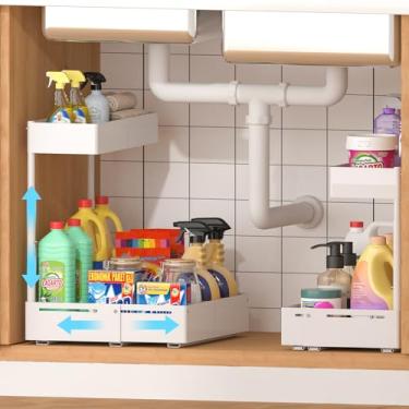 Imagem de REALINN Pacote com 2 organizadores e armazenamento expansíveis sob a pia, organizador sob o armário de 2 camadas, suporte ajustável de altura para cozinha, banheiro, lavanderia, branco