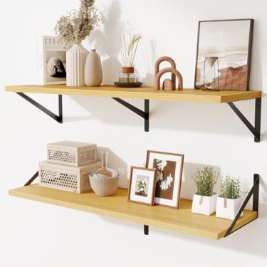 Imagem de Acovy Prateleiras flutuantes profundas para parede, prateleiras de parede de madeira 91 cm L x 25 D com suportes de metal, prateleira flutuante de armazenamento suspensa para sala de estar, quarto