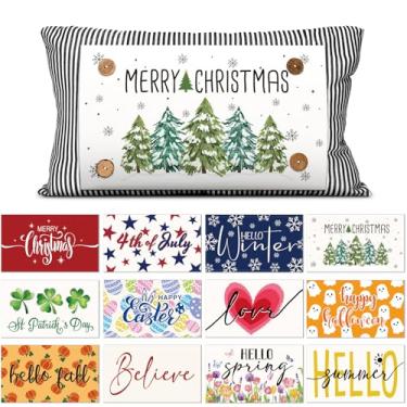 Imagem de Hahafelt Capa de almofada sazonal de férias com 12 painéis de travesseiro intercambiáveis fronha de inverno retangular lona lombar decoração de sofá para casa quarto escritório (listras cinza e