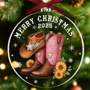 Imagem de Ornamentos de botas de vaqueira - Enfeites de Natal de vaqueira - Ornamento de árvore de chapéu de vaqueira rosa - Presentes de menina country para mulheres - Presente boho chique para meninas