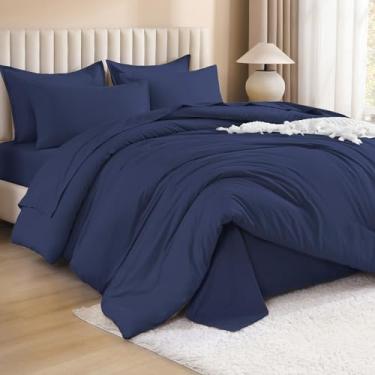 Imagem de Litanika Conjunto de edredom super king azul marinho – 7 peças, cama em uma bolsa, conjunto de edredom grande, leve, sólido com edredom, lençóis, fronhas e fronhas