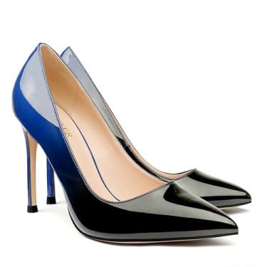 Imagem de Sapato social feminino Coleter bico fino com estampa de animal patenteado salto alto, Gradient Blue to Black With 10cm Heel Height, 8.5