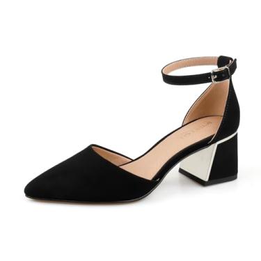 Imagem de BCTEX COLL Sandália feminina com bico fino e tira no tornozelo, salto baixo, com forro de metal, projetada para mulheres, Nobuck preto, 4.5 UK