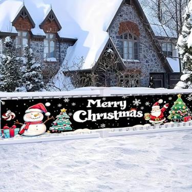 Imagem de HOMETITUTE Faixa de Feliz Natal de 299 x 50 cm Grande Decoração de Natal Preta com Papai Noel Boneco de Neve Caixa de Presente de Árvore de Natal Design de Floco de Neve para Cerca Externa Varanda