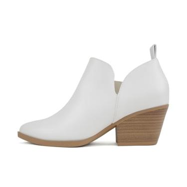 Imagem de Soda SECTÓRIO ~ Bota feminina bico fino corte V empilhado salto baixo grosso cano curto bota com zíper lateral, Poliuretano branco, 35