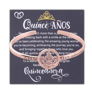 Imagem de FEELMEM Quinceanera 15 anos princesa coroa pingente pulseira feliz 15 anos presente de aniversário, middle, Cobre, Cobre