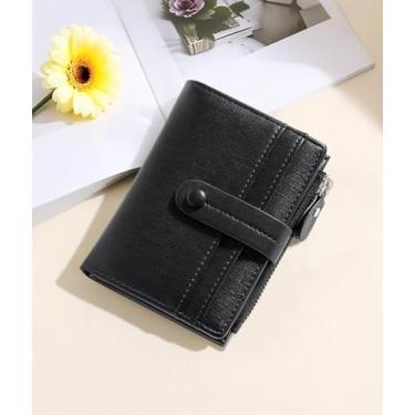Imagem de Carteira feminina RFID, pequena, fina, compacta, para cartão de crédito, couro de poliuretano, com bolso para moedas com zíper e janela para identidade, Retrô preto, Moderno