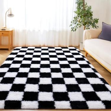 Imagem de Tapetes xadrez para sala de estar, quarto, 12 x 18 cm para sala de estar, tapetes felpudos modernos tapete felpudo para meninos meninas dormitório berçário decoração de casa estética, atualização