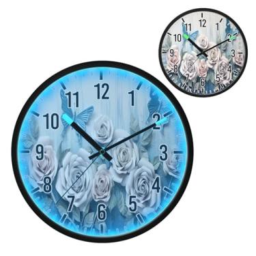 Imagem de Relógio de parede LED que brilha no escuro e ativado por voz, design silencioso de rosas azuis de 30,5 cm, operado por bateria para decoração de quarto e sala de estar (234)