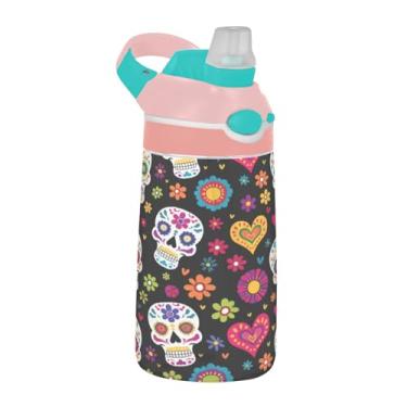 Imagem de ATTX Garrafa de água Sugar Skull Flower 473 g - Garrafa de água reutilizável Tritan Sports & Travel com canudo e tampa de bico pop-up #578