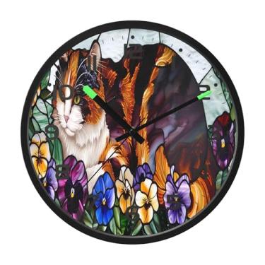 Imagem de SEHANY Pintura esmaltada de relógio de parede de gato, silencioso, sem tique-taque, relógio redondo operado por bateria, controle de som, luz noturna, relógios de parede para sala de estar, cozinha