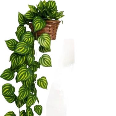 Imagem de Trepadeira Artificial 2x2m com Vaso Trançado em Vime Sintético - Folhagem Artificial Realista para Decoração de Sala, Varanda, Cozinha e Escritório(MELANCIA)