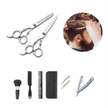 Imagem de Kit Tesouras Profissionais de Cabelo – Aço Inox Furta-Cor, Tesoura Reta, Semi Dentada, Navalha e Estojo Completo para Salão ou Uso Doméstico (Prateado)