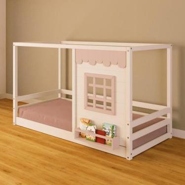 Imagem de Cama Montessoriano Casinha Reta com Janela Madeira Maciça Branco/Rosa 
