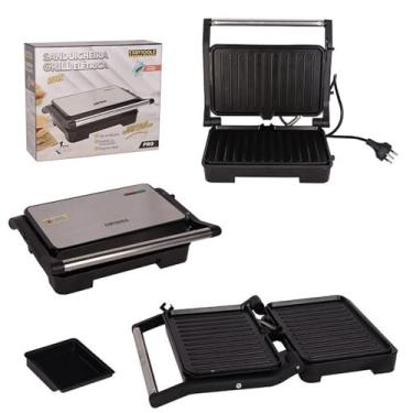 Imagem de Sanduicheira Elétrica Grill, 1000W, 220V, Inox, Placas Antiaderentes, 27x24x8cm