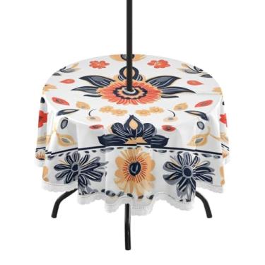 Imagem de CEBUGI Toalha de mesa redonda para uso ao ar livre, boêmia, floral, impermeável, com furo Umberlla, capa de mesa lavável para pátio, cozinha, sala de jantar, 152 cm