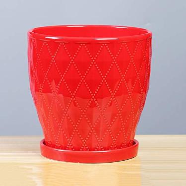 Imagem de Vaso de flores de cerâmica redondo vermelho, suculenta, cacto, bonsai, vaso de flores, vaso de porcelana, interior e exterior, vasos decorativos para plantas (estilo 1-17,7 x 17,5 cm