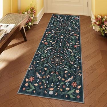 Imagem de HGTRH Tapete de corredor floral lavável, tapetes de cozinha vintage para corredor, macio, antiderrapante, tapete baixo para quarto, entrada, banheiro, resistente a manchas, fácil de limpar A 120 x 200