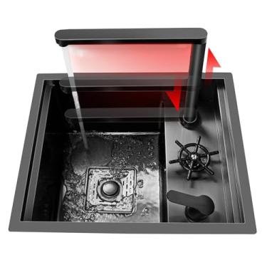 Imagem de PVXMQFFA Pia pequena de aço inoxidável para trailer, bar, cozinha, pia pequena com tampa, torneira de elevação, sifão, varanda, estúdio, vegetais, lavatório de mão e pia (pia + torneira A)