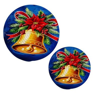 Imagem de Wassud Conjunto de trivet de sinos dourados de Natal para pratos quentes, suportes redondos de algodão, almofadas quentes, porta-copos elegantes, decoração de cozinha e acessórios, 2 peças
