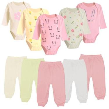 Imagem de Kit 10 Pçs Bebê Body Longo Estampado ou Liso e Mijão Algodão - Koala B