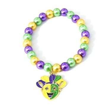 Imagem de BOOZIQ Pulseiras femininas de carnaval com contas de flor de lis pulseira com pingente de coroa roxo amarelo verde contas pulseira elástica carnaval desfile roupas acessórios de joias carnaval, Large