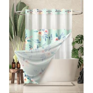 Imagem de Amaredom Cortina de chuveiro floral azul-petróleo sem gancho com forro de tecido de encaixe, cortina de chuveiro estilo hotel sem gancho com janela superior de malha transparente, 182 x 182 cm