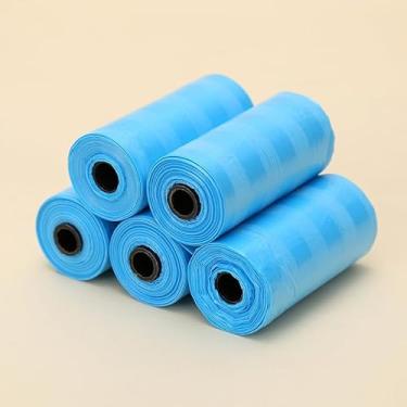 Imagem de 1 rolo de 15 sacos de lixo de uso único, sacos de lixo com padrão listrado, portátil, adequado para carro, sala de estar, banheiro, azul