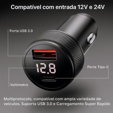 Imagem de Cabo Carregador Veicular 3 Em 1 – Adaptador Usb-c Pd + Qc 3.0 Com Display Digital - Cabo De 3 Metros
