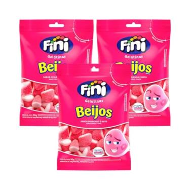 Imagem de Fini Gelatinas Beijos, Sabor Morango e Nata, Balas de Goma Macia, 90g, Kit com 3 Pacotes