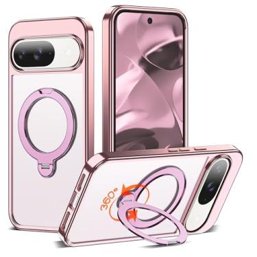 Imagem de RIASOLIN Capa compatível com Google Pixel 9/9 Pro com suporte de anel invisível rotativo de 360°, compatível com Mag-Safe, capa de telefone transparente com ótima sensação de aderência para mulheres e
