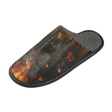 Imagem de ODAWA Pantufa feminina outono cachorro casa floresta chinelos masculinos inverno casa sapatos internos e externos, Fall Pumpkins Forest Campfire, 5.5-6