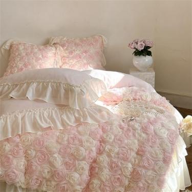 Imagem de Conjunto de cama de princesa com babados e estampa de rosas, em veludo branco quente, capa de edredom e lençol, rosa, tamanho queen (200x230cm), 4 peças.