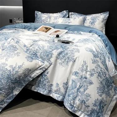 Imagem de Jogo de cama de fibra natural macia e sedosa com estampa de floresta, incluindo capa de edredom, lençol e fronhas, azul, tamanho 180x200cm (4 peças).