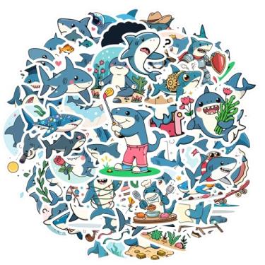 Imagem de 100 pçs tubarão oceano desenho animado aventura animais fofos adesivos brinquedos divertidos adesivos de grafite para telefone faça você mesmo, laptop, scrapbook, bicicleta, laptop, bagagem, álbum de