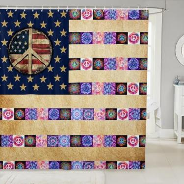 Imagem de Homewish Cortina de chuveiro com bandeira americana, cortina de banheiro com sinal de paz, vintage, marrom, listrada, patchwork, impermeável, para decoração de quarto de crianças, adolescentes e