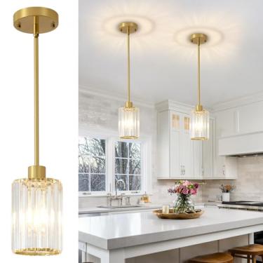 Imagem de GZJunYo Pacote com 2 luzes pendentes douradas para ilha de cozinha, luminárias modernas para pendurar na cozinha, mini luzes pendentes de cristal para sala de jantar, corredor, hall de entrada