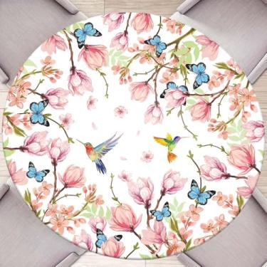 Imagem de Toalha de mesa redonda Bird Butterflluey primavera com borda elástica impermeável lavável flores azuis rosa toalha de mesa serve para mesa redonda de 91,4 cm - 101,6 cm para cozinha, jantar