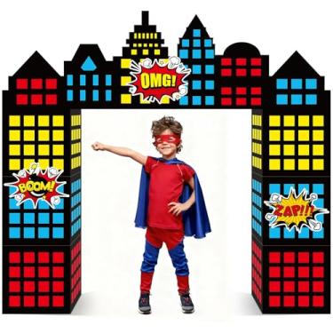 Imagem de 12 Pcs Large Hero Theme Cardboard Decorations Super Themed Skyline Building Hero Party Cardboard Playhouse Super City Skyscraper Centerpiece Favor Boxes for Birthday Photography Backdrop Supplies