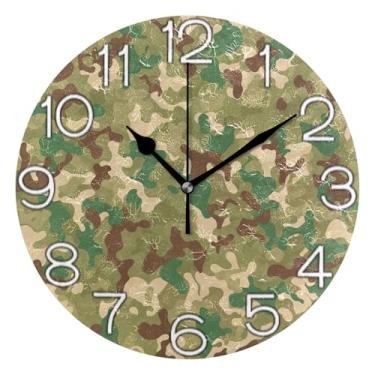 Imagem de Relógio de parede analógico decorativo escritório cozinha relógio moderno alimentado por bateria, decoração de parede moderna para sala de estar, camuflagem clássica, verde, 25 cm, ponteiros dourados