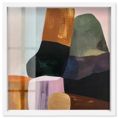 Imagem de Stacked Rocks I Shadowbox Print Taupe Boho Wall Art por Art Remedy, moldura branca, 63 x 63 cm