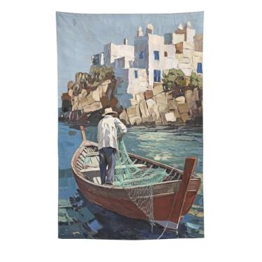 Imagem de Tapeçaria de barco pescador, pedra branca, rede de pesca de aldeia costeira, cena de captura, paisagem vibrante, decoração de parede, para sala de estar, quarto, casa, decoração cênica, peça