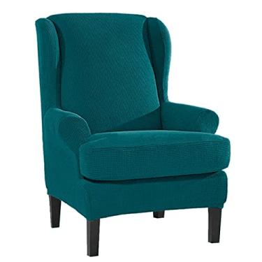 Imagem de BAGASI Capa de cadeira elástica com asa de jacquard, 2 peças, capa antiderrapante para móveis, capa de poltrona lavável para sala de estar com fundo elástico, azul